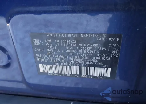 2016 Subaru Outback 2.5I Premium из США, поврежденный, VIN 4S4BSADC4G3299302